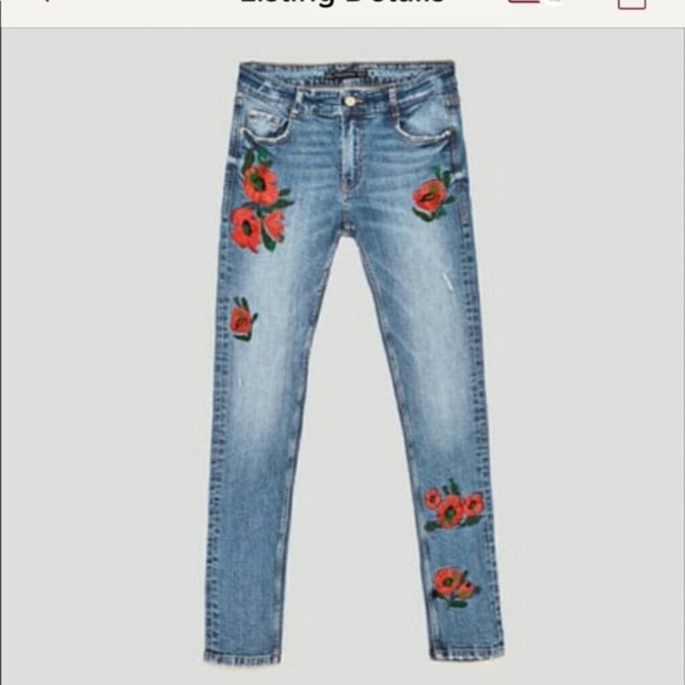 Zara Embroidered Distressed Skinny Jeans